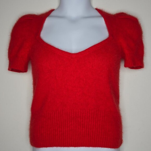 Moda International Angora Blend Sweater Large Puff Sleeve Red Top Sweatheart - Picture 1 of 7